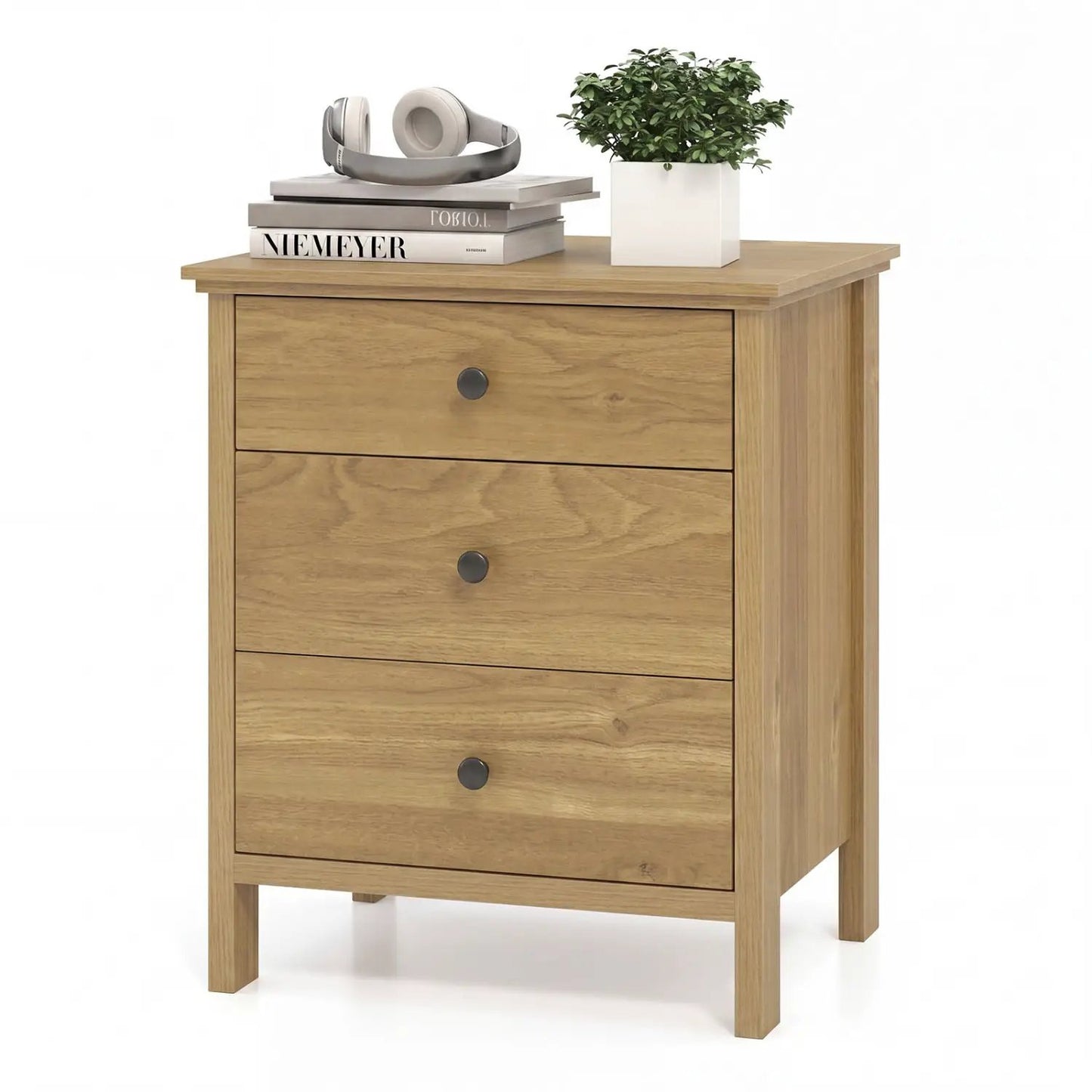 Three Drawer Wooden Nightstand with Metal Slides