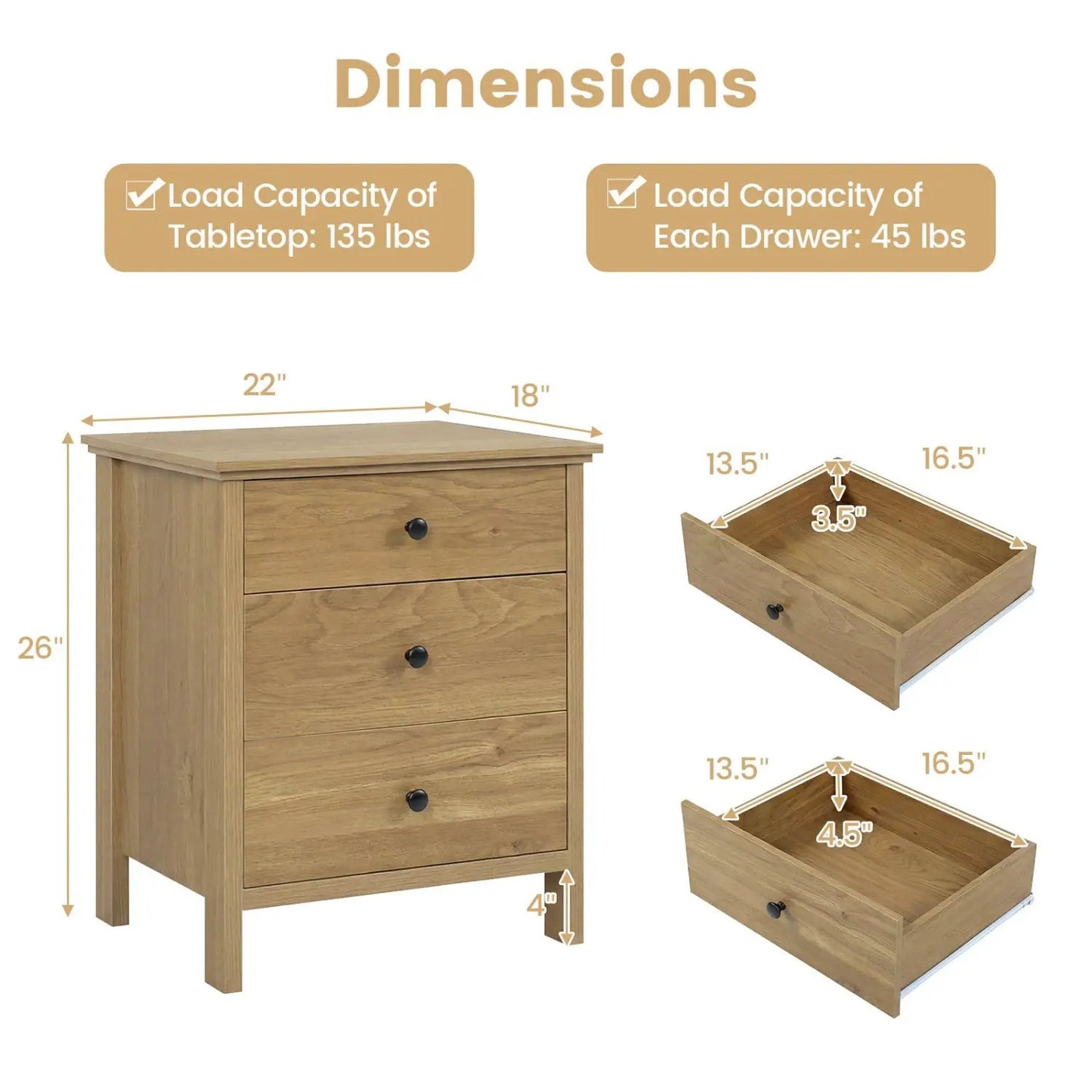Three Drawer Wooden Nightstand with Metal Slides