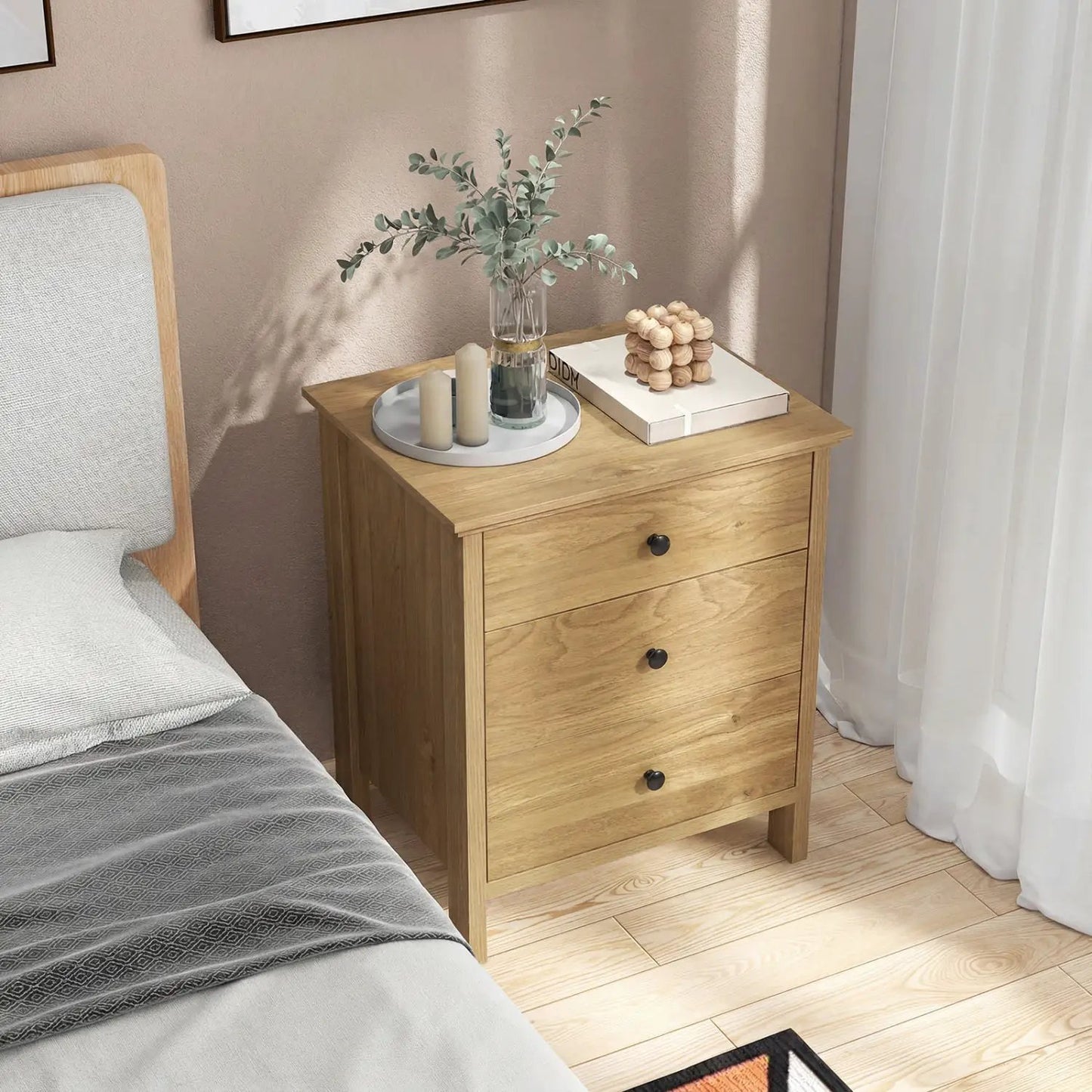 Three Drawer Wooden Nightstand with Metal Slides