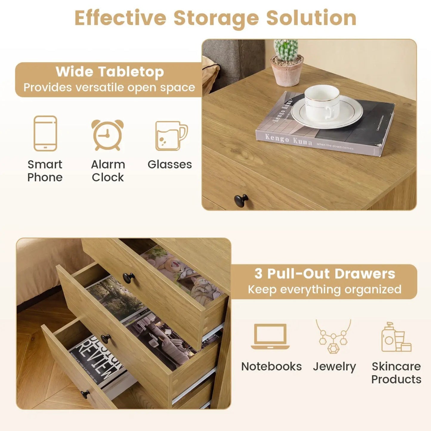 Three Drawer Wooden Nightstand with Metal Slides