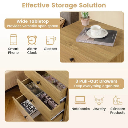 Three Drawer Wooden Nightstand with Metal Slides