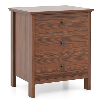 Mesita de noche de madera de 3 cajones, moderna, color nogal