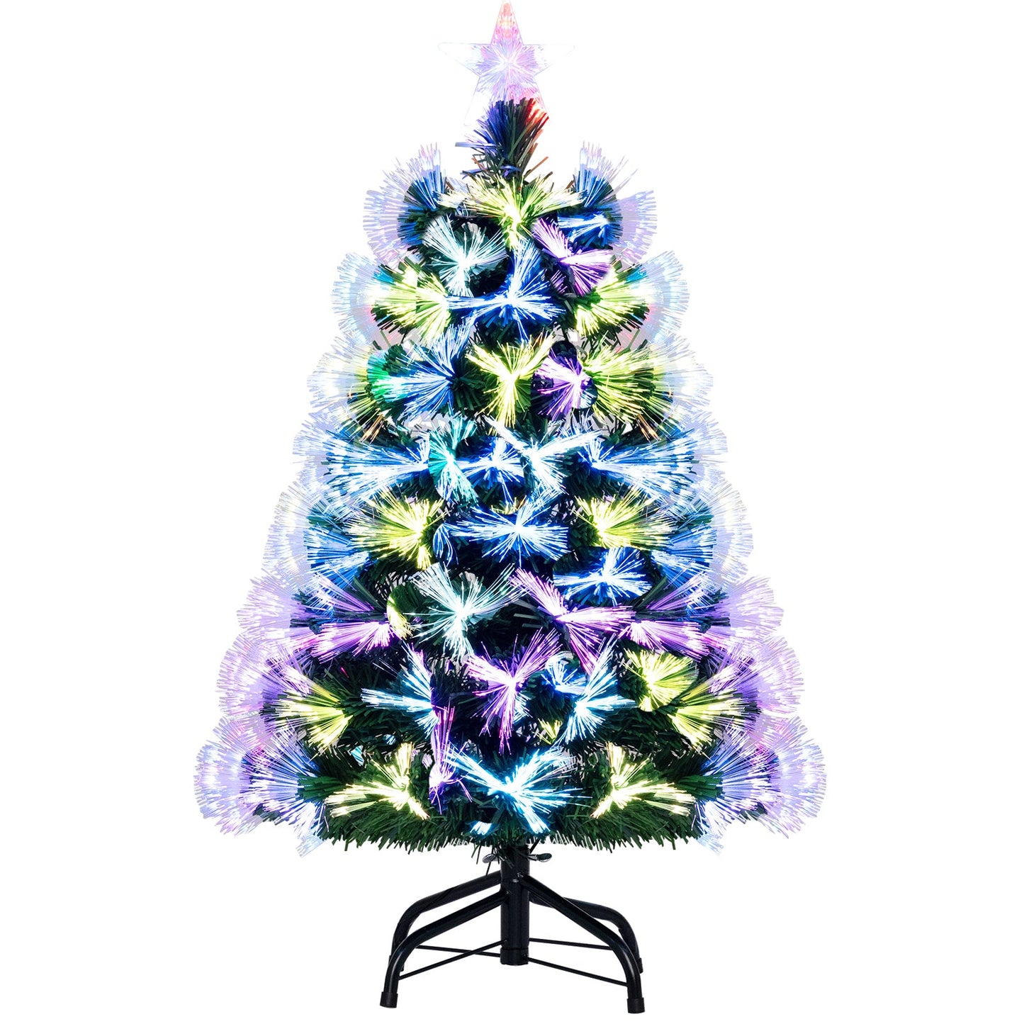 3 ft fiber optic Christmas tree multicolor with starburst tips and top topper on black stand on Tampa Home & Garden Store