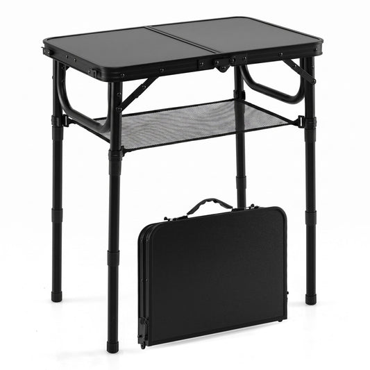 GemGear black folding camping table with 3-height, large mesh storage net, and carry case on Tampa Home & Garden Store