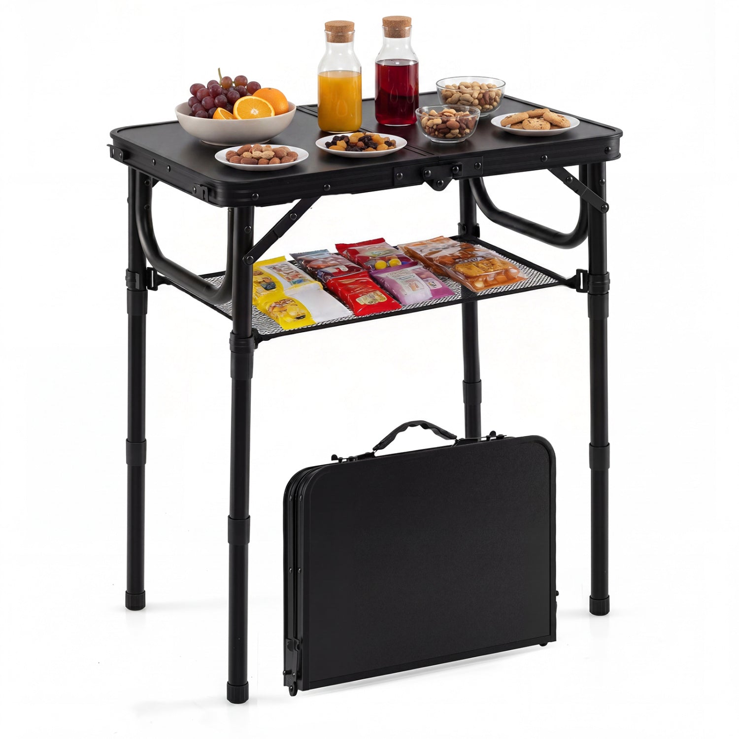 GemGear 3-Height Folding Camping Table with large storage net and handle, black metal frame on Tampa Home & Garden Store