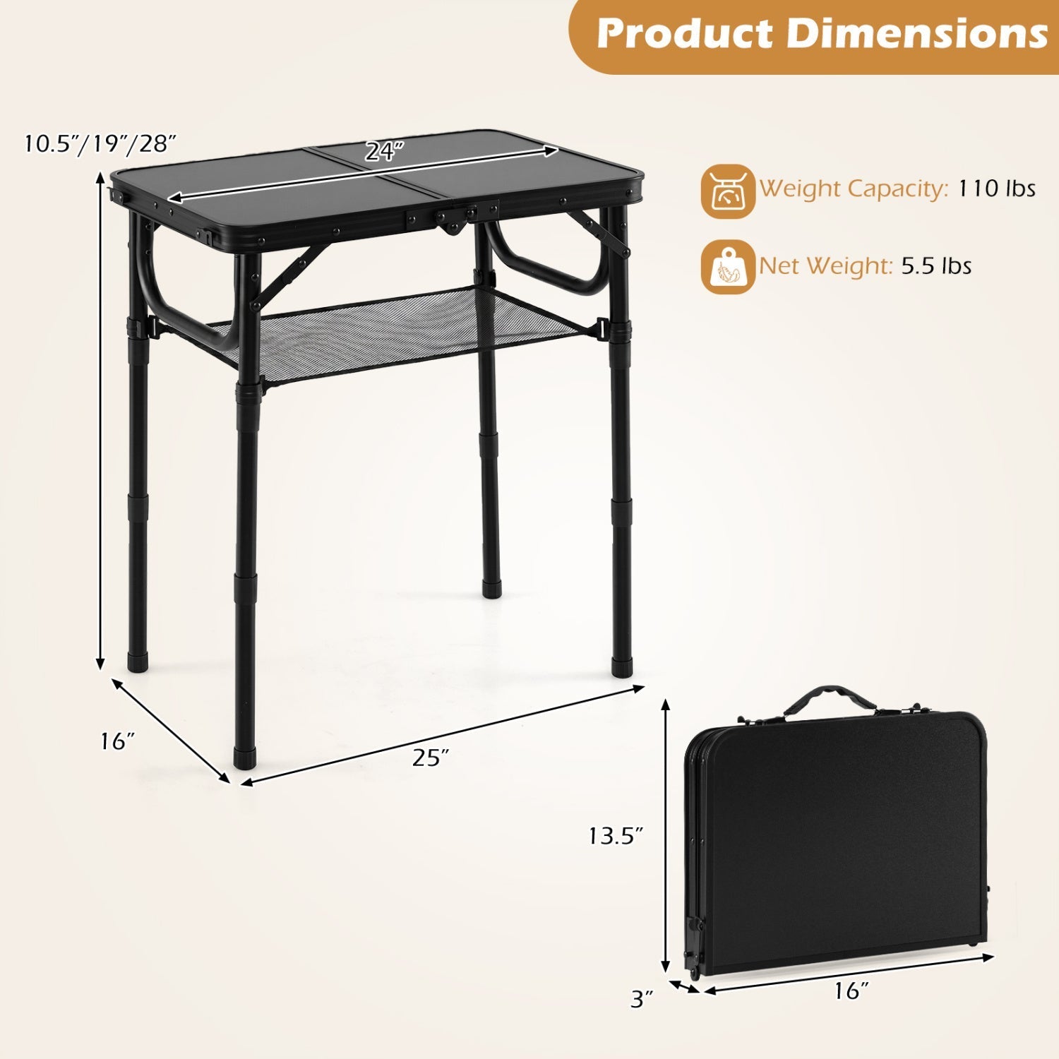 GemGear 3-Height Folding Camping Table with Large Storage Net & Handle, black metal frame on Tampa Home & Garden Store