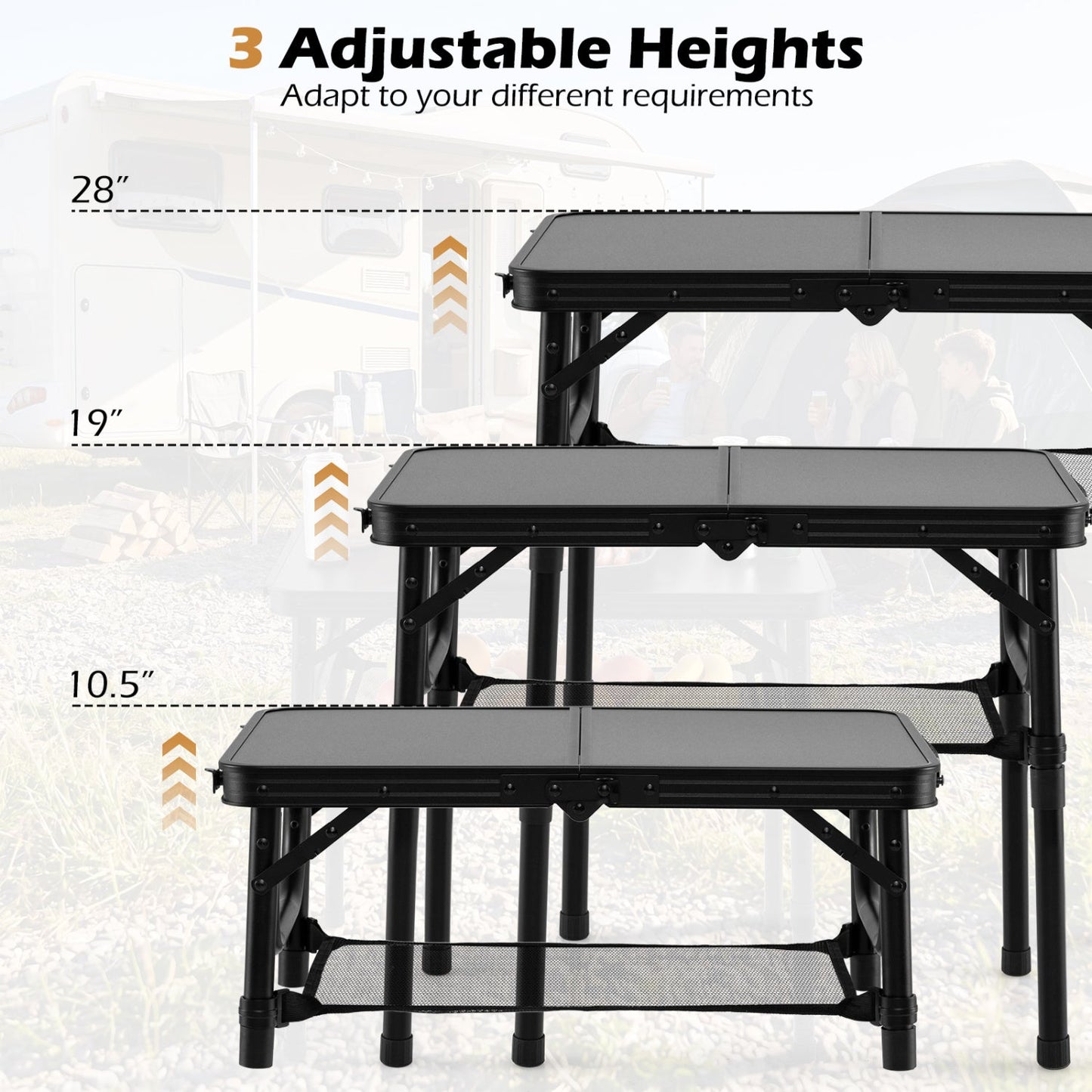 GemGear 3-height folding camping table with black frame, gray tops, and large lower storage net on Tampa Home & Garden Store