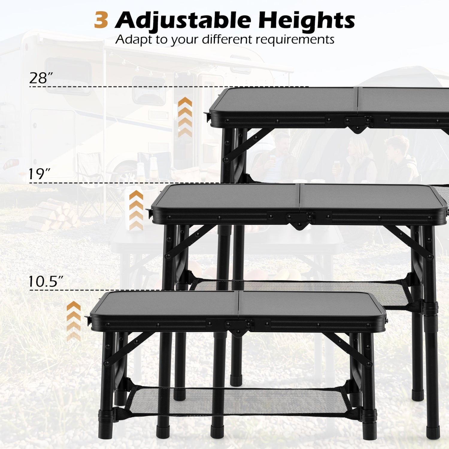 GemGear 3-height folding camping table with black frame, gray tops, and large lower storage net on Tampa Home & Garden Store