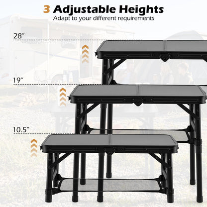 GemGear 3-height folding camping table with black frame, gray tops, and large lower storage net on Tampa Home & Garden Store