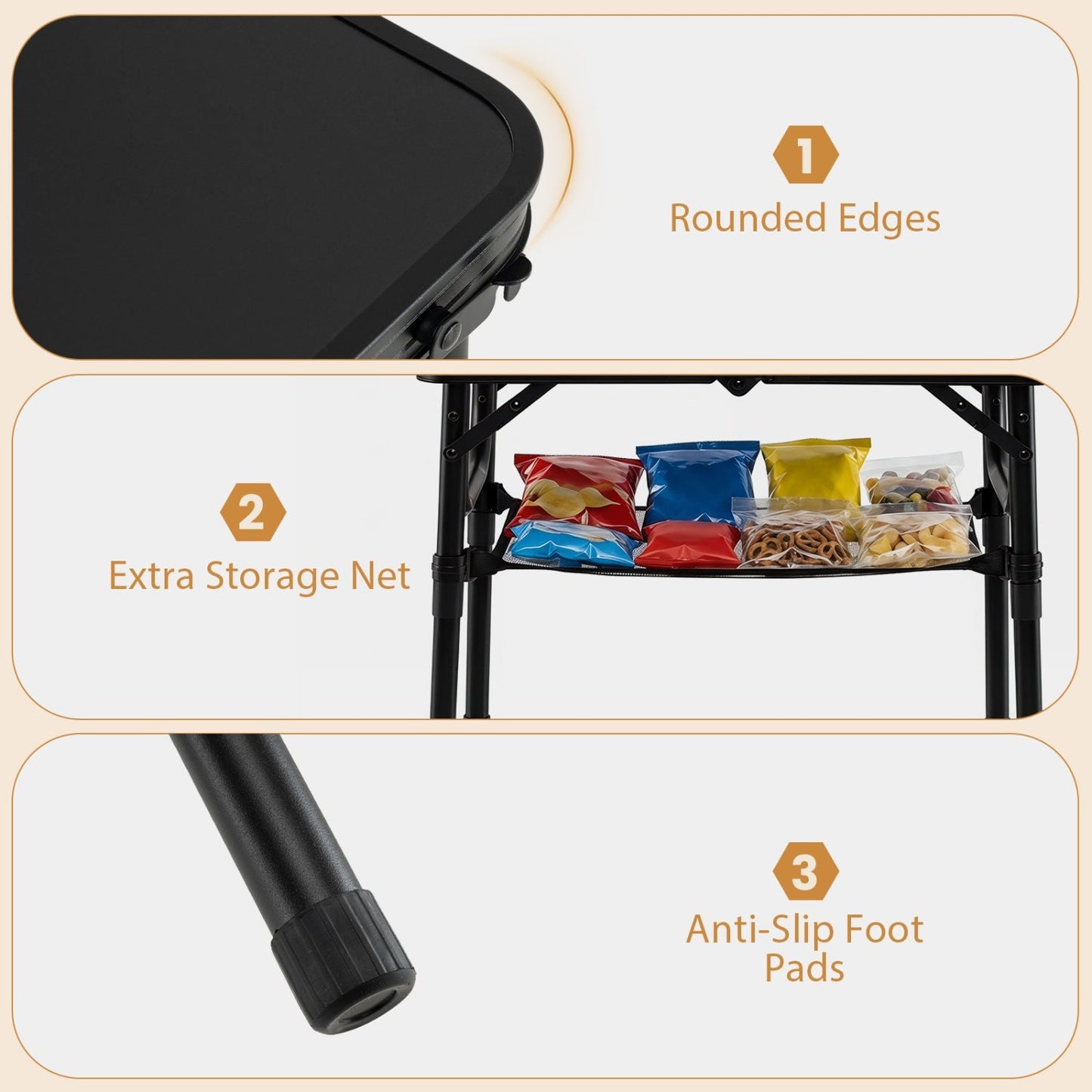 GemGear 3-height folding camping table with rounded edges and large storage net and handle on Tampa Home & Garden Store