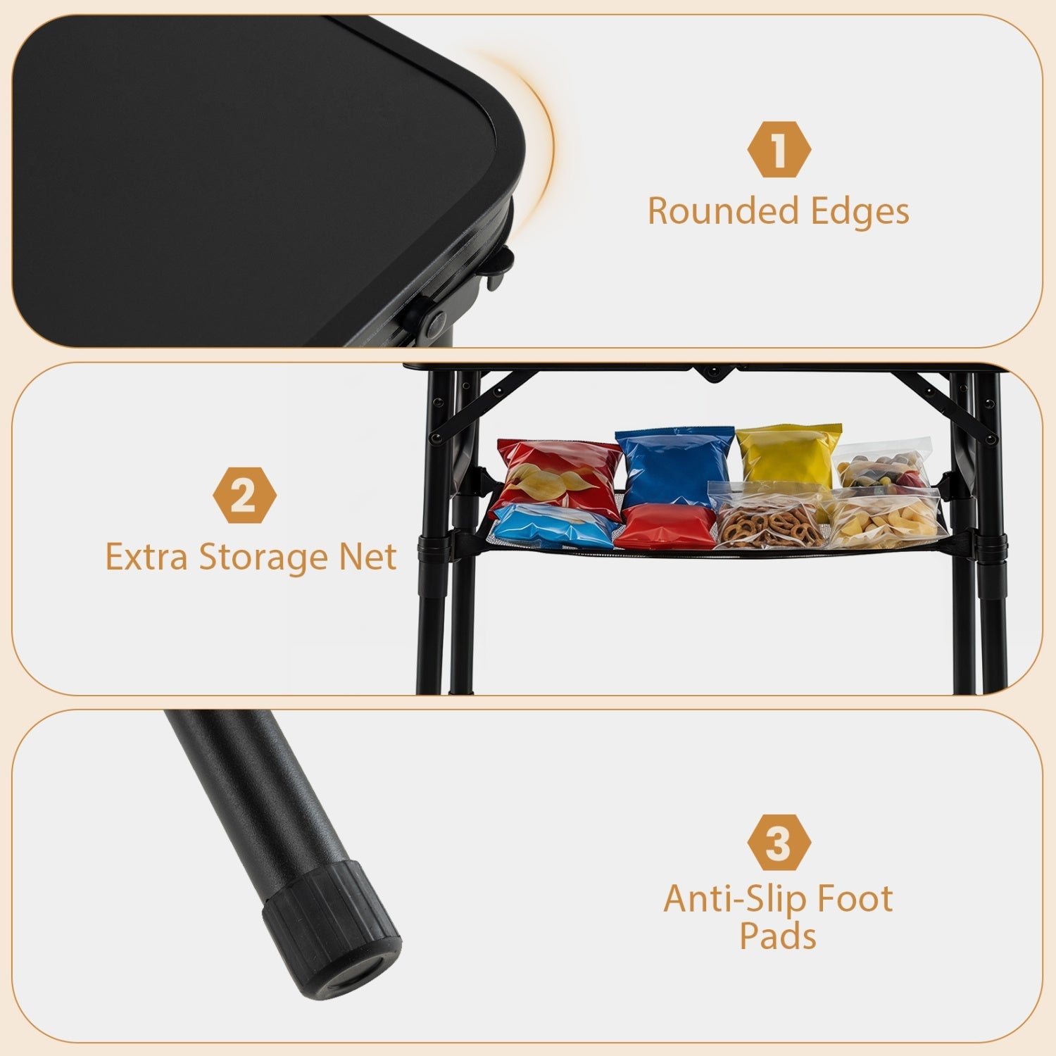 GemGear 3-height folding camping table with rounded edges and large storage net and handle on Tampa Home & Garden Store