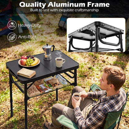 3-height folding camping table with large storage net and carrying handle, black frame on Tampa Home & Garden Store