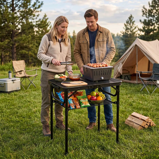 3-Height Folding Picnic Table with Large Storage Net and Handle, black camping table with grill on Tampa Home & Garden Store