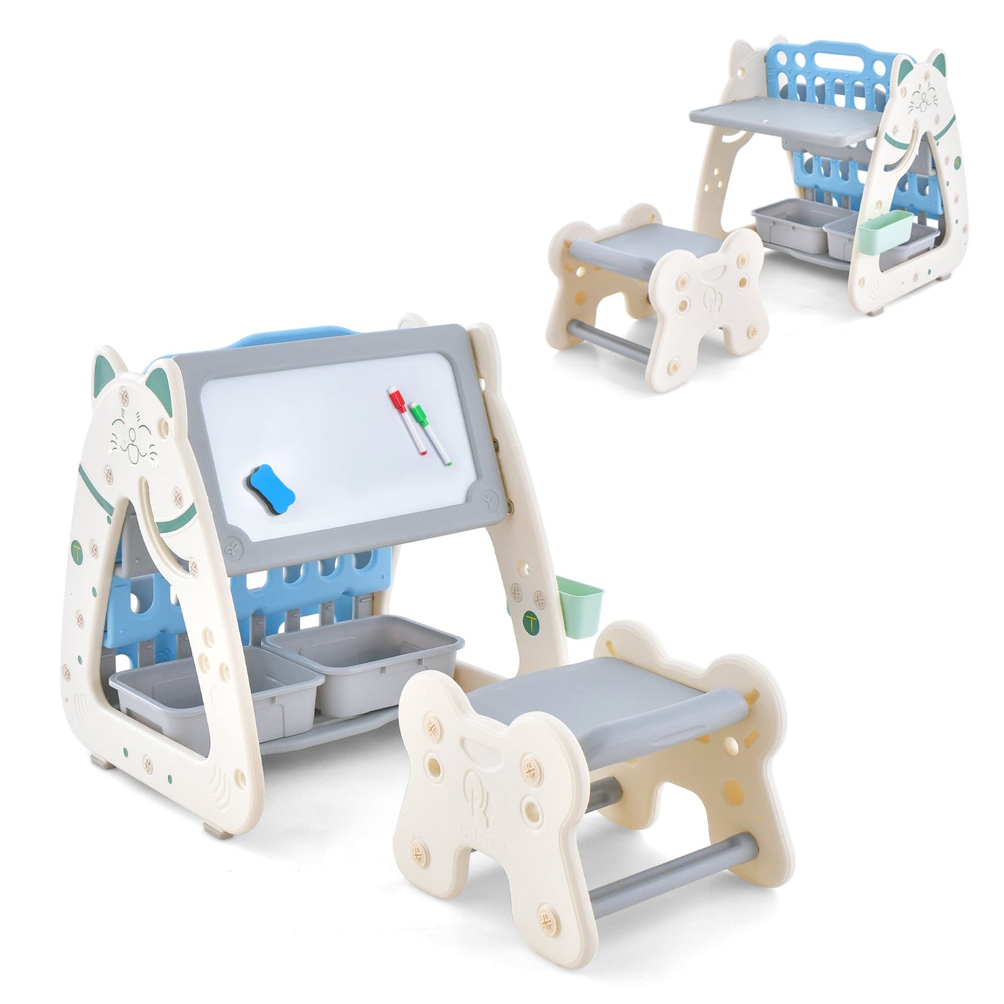 3-In-1 Double Sided Magnetic Dry-Erase Board with Stool and Flipped Writing Desktop