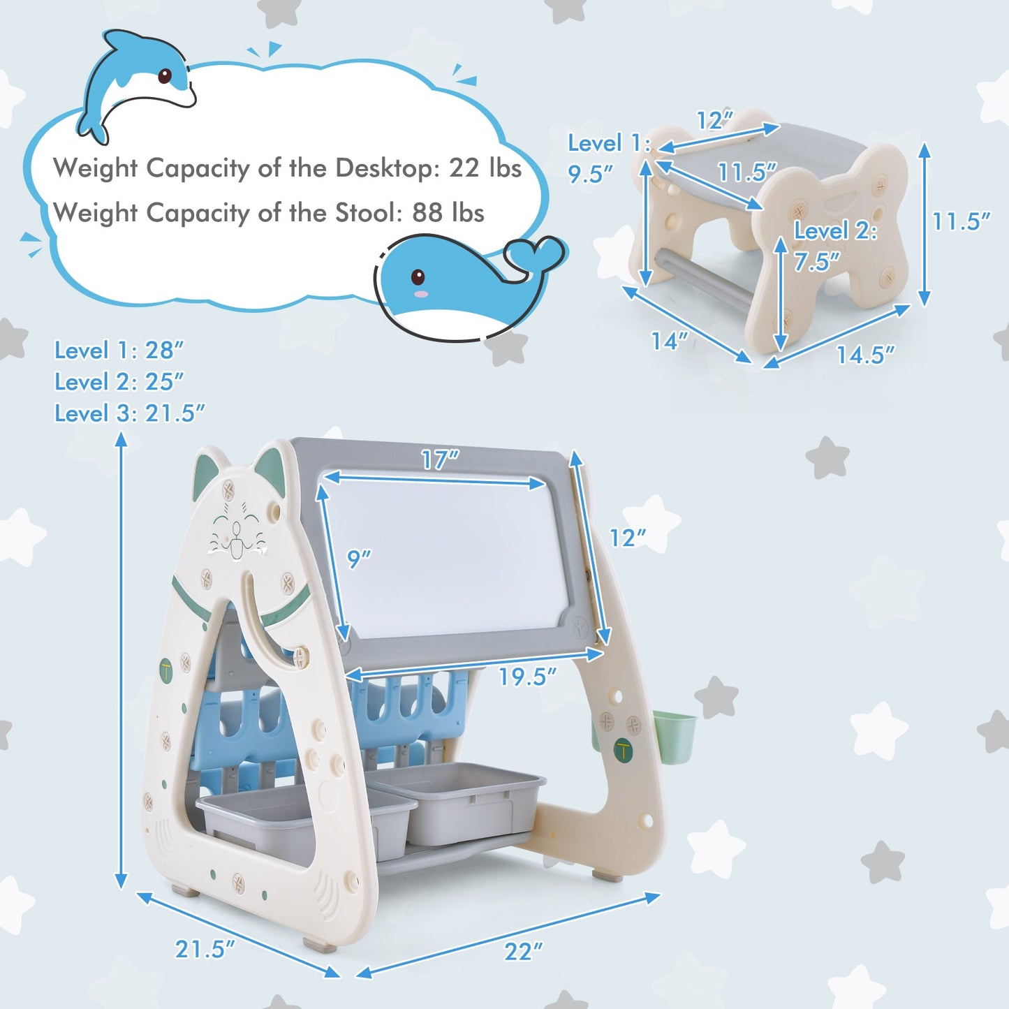 3-In-1 Double Sided Magnetic Dry-Erase Board with Stool and Flipped Writing Desktop