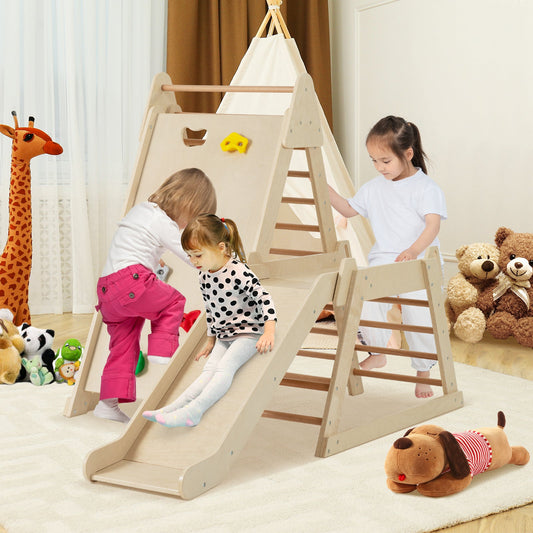 3-In 1 Jungle Gym Indoor Playground with Extended Slide for Toddlers-Natural - Tampa Home & Garden Store