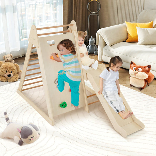 3-In 1 Jungle Gym Indoor Playground with Extended Slide for Toddlers-Natural - Tampa Home & Garden Store