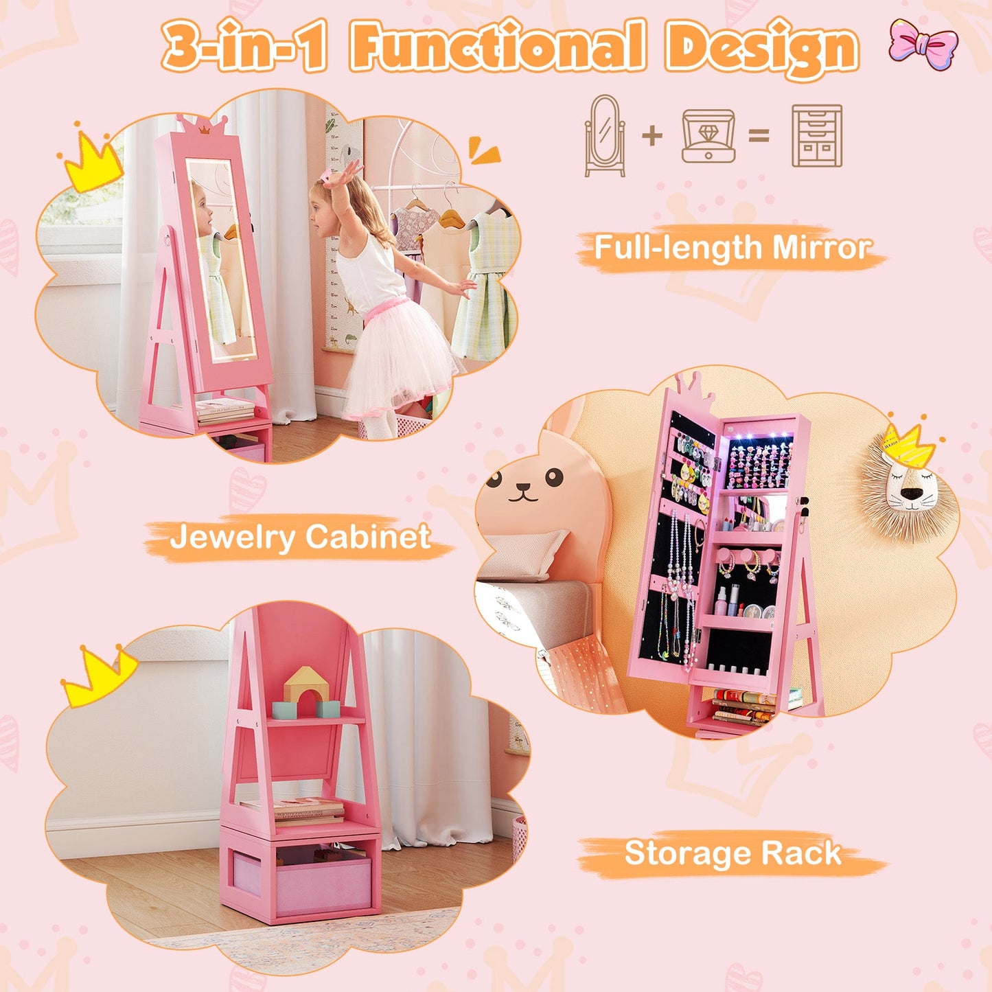 3 In 1 Kids Jewelry Cabinet with 3-Color Lighted Full Length Mirror