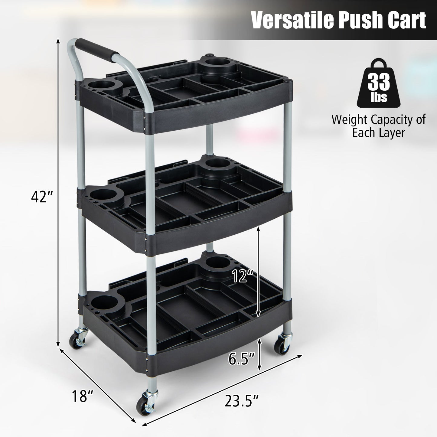 Carrito utilitario de 3 capas para detalles de herramientas, organizador de herramientas, carrito móvil con ruedas y múltiples divisores, color negro