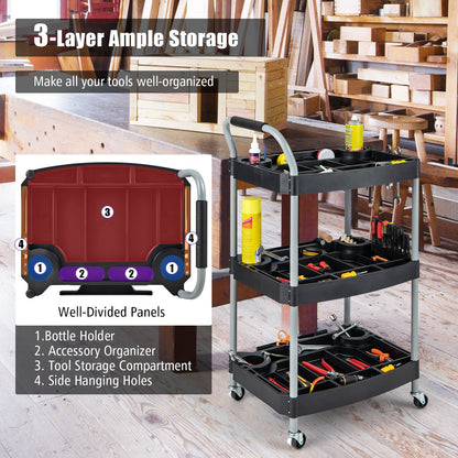 Carrito utilitario de 3 capas para detalles de herramientas, organizador de herramientas, carrito móvil con ruedas y múltiples divisores, color negro