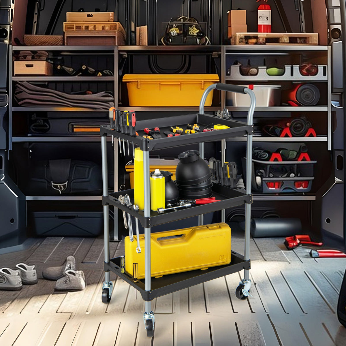 DirectDeals tool cart on wheels with yellow bin and hand tools in a workshop van on Tampa Home & Garden Store