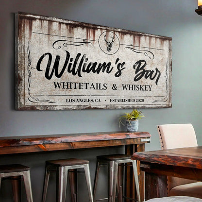 Whitetails and Whiskey sign canvas with distressed rustic finish and deer crest on Tampa Home & Garden Store