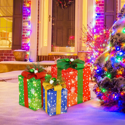 3 piece DirectDeals Christmas lighted gift boxes set with 52 pre-lit LEDs in green red blue on Tampa Home & Garden Store