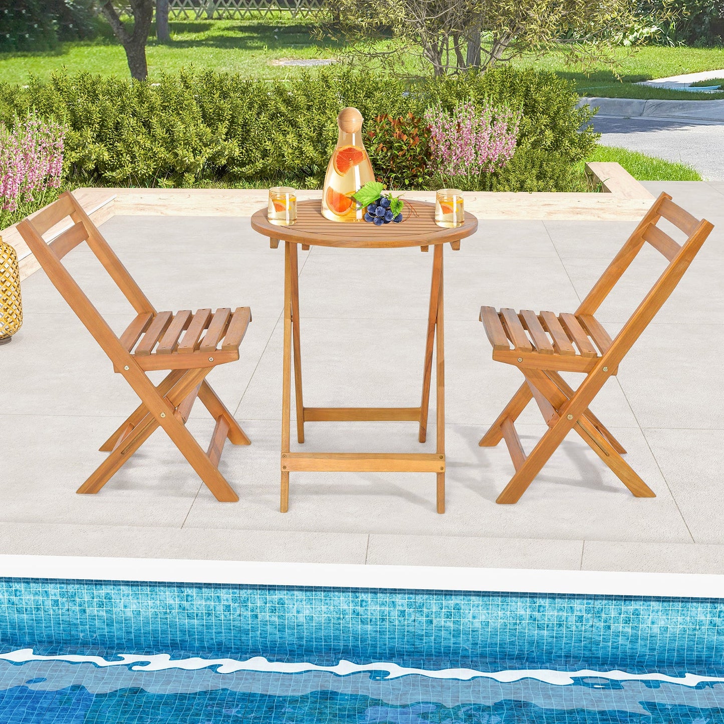 Juego de bistro plegable de 3 piezas para patio con mesa de listones