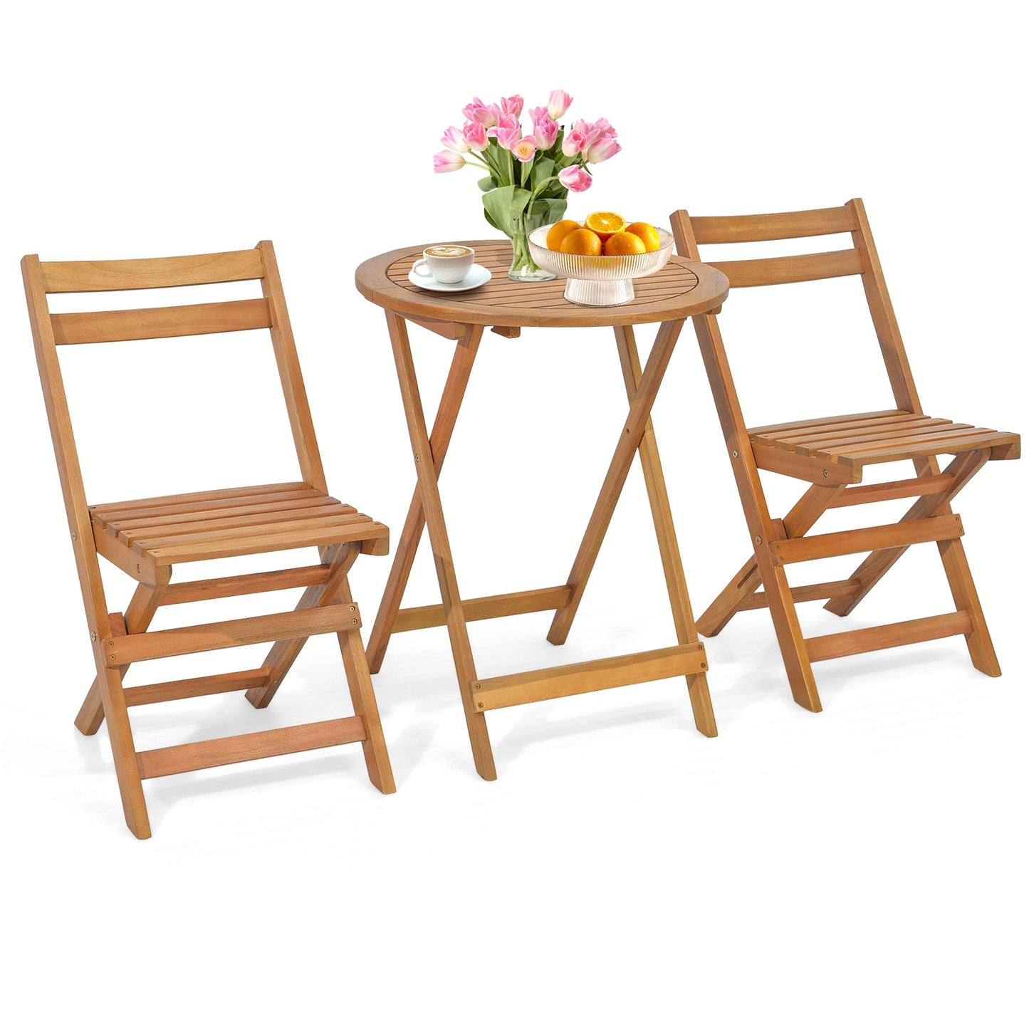 Juego de bistro plegable de 3 piezas para patio con mesa de listones