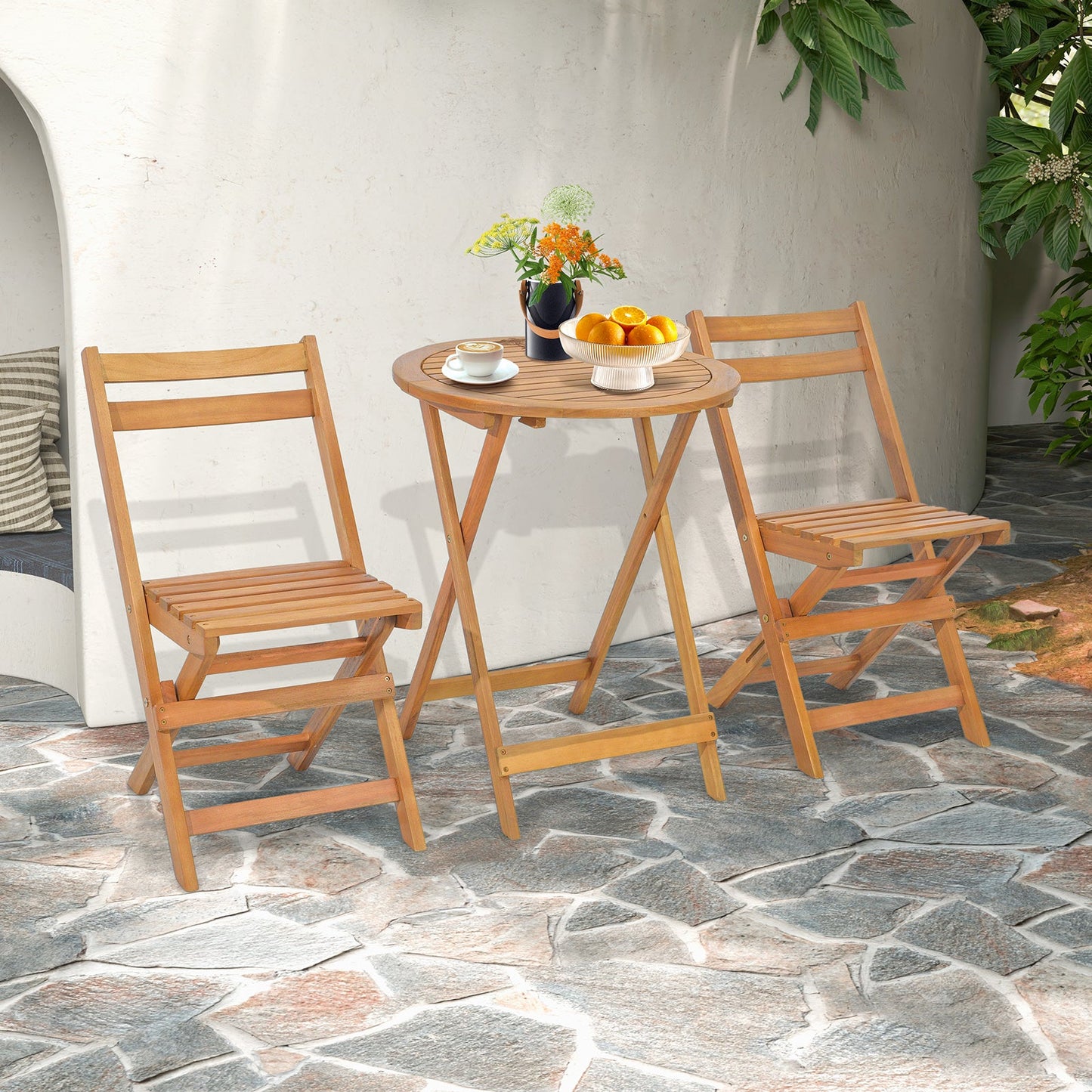 Juego de bistro plegable de 3 piezas para patio con mesa de listones