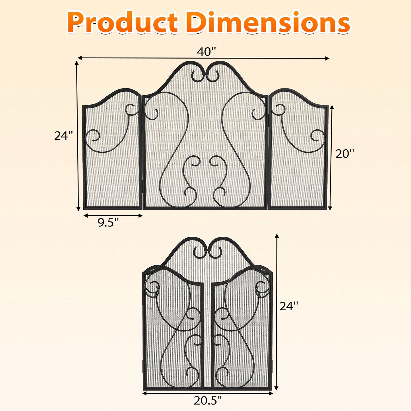 3 Panel Fireplace Screen Foldable Spark Guard Cover with Decorative Scroll