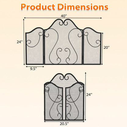 3 Panel Fireplace Screen Foldable Spark Guard Cover with Decorative Scroll