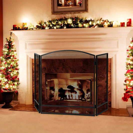 Foldable Fireplace Screen with Wrought Iron Mesh