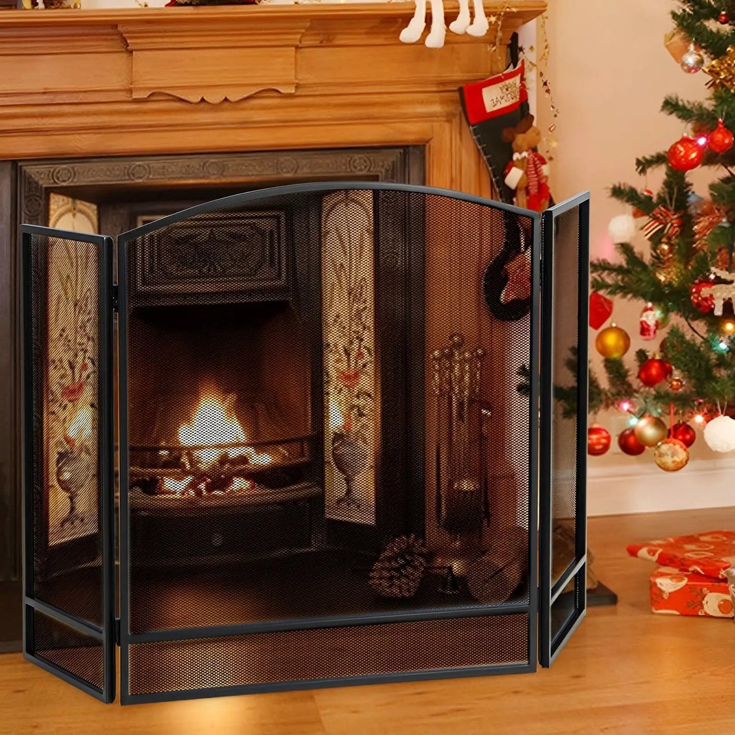 Foldable Fireplace Screen with Wrought Iron Mesh