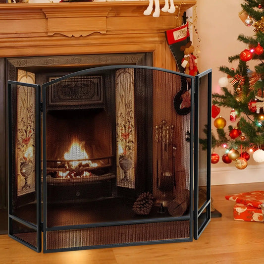 Foldable Fireplace Screen with Wrought Iron Mesh