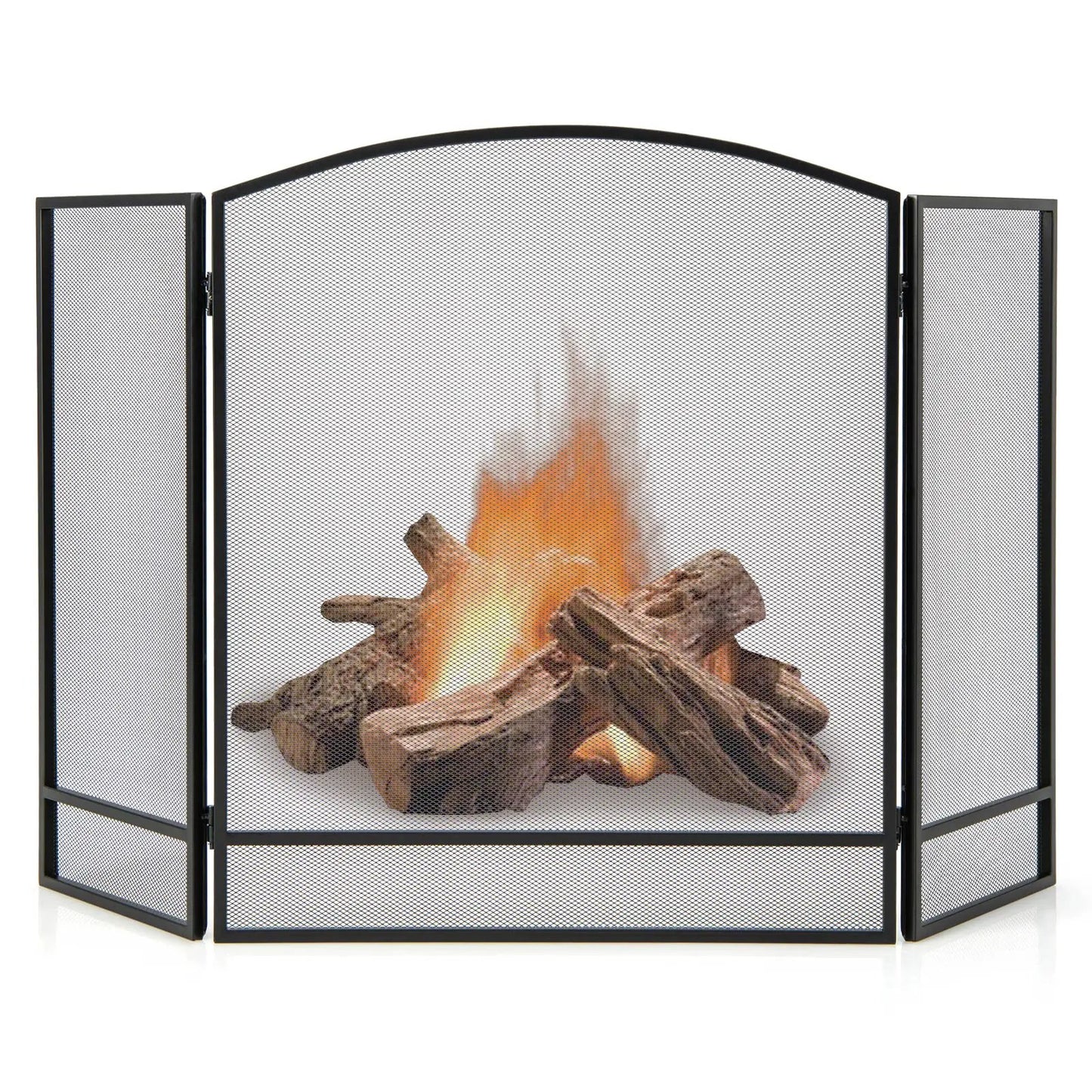 Foldable Fireplace Screen with Wrought Iron Mesh