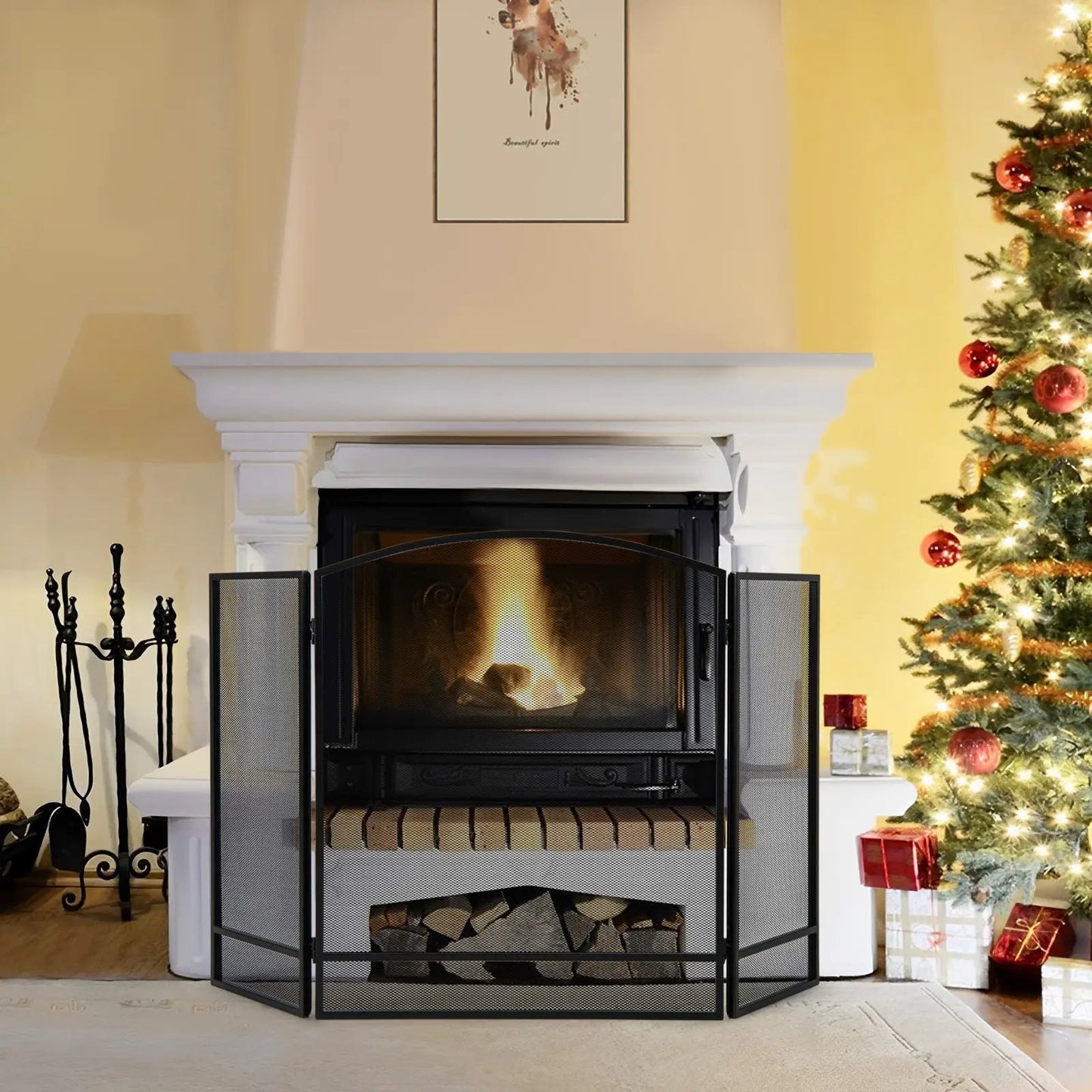 Foldable Fireplace Screen with Wrought Iron Mesh