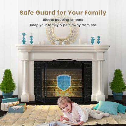 Foldable Fireplace Screen with Wrought Iron Mesh