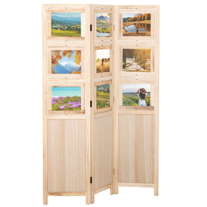 3 Panel Folding Privacy Screen with 9 Swivel Paulownia Wood Photo Frames-Natural