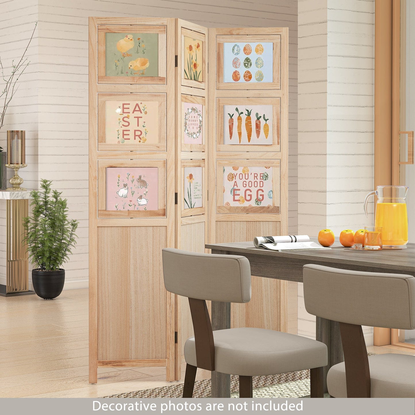 3 Panel Folding Privacy Screen with 9 Swivel Paulownia Wood Photo Frames-Natural