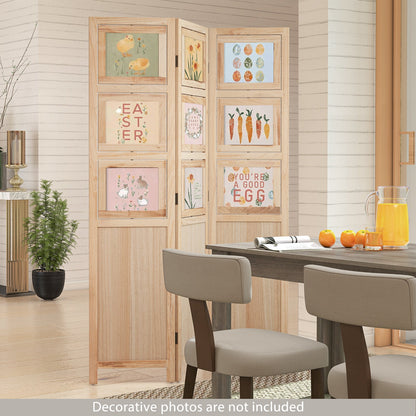 3 Panel Folding Privacy Screen with 9 Swivel Paulownia Wood Photo Frames-Natural