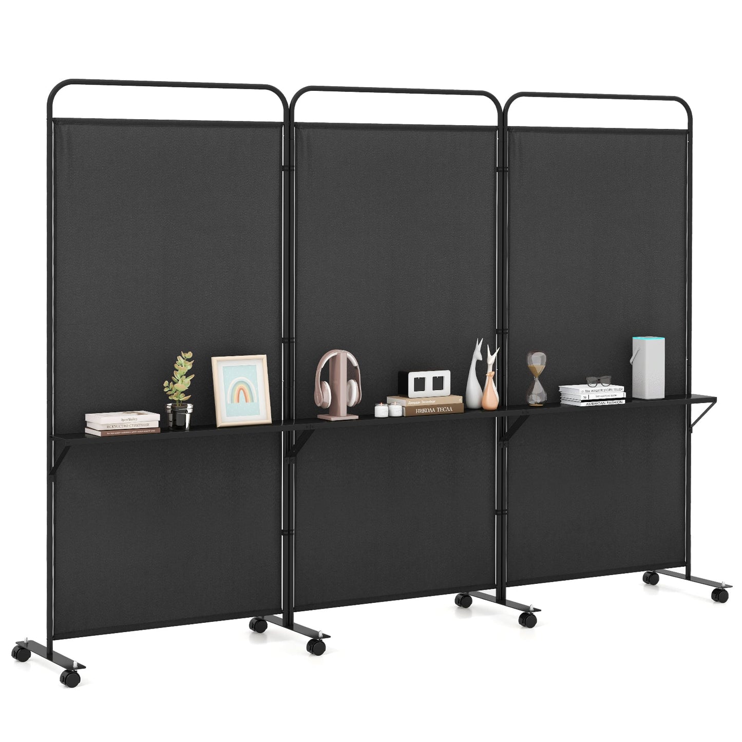 Separador de ambientes plegable de 3 paneles con 3 estantes de metal y ruedas con bloqueo - Marrón