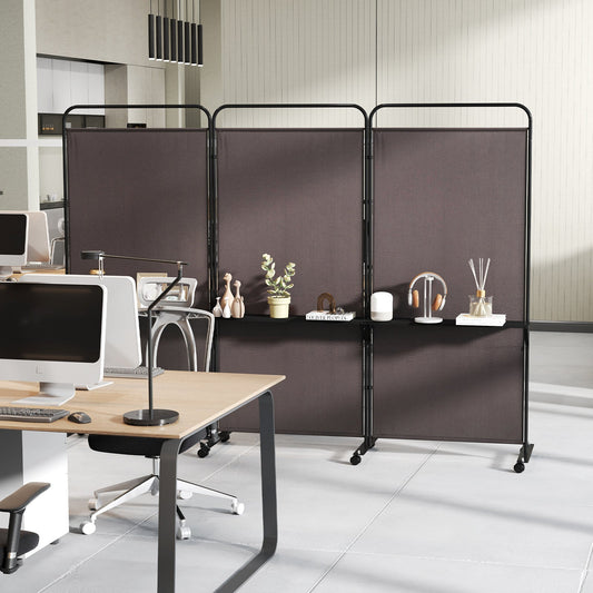 3-Panel Folding Room Divider with 3 Metal Shelves and Lockable Wheels-Brown - Tampa Home & Garden Store
