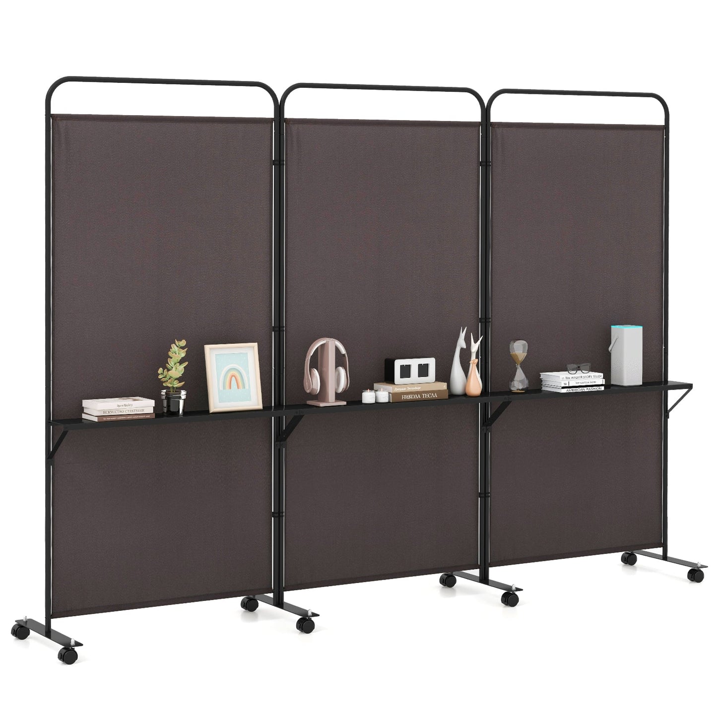 Separador de ambientes plegable de 3 paneles con 3 estantes de metal y ruedas con bloqueo - Marrón