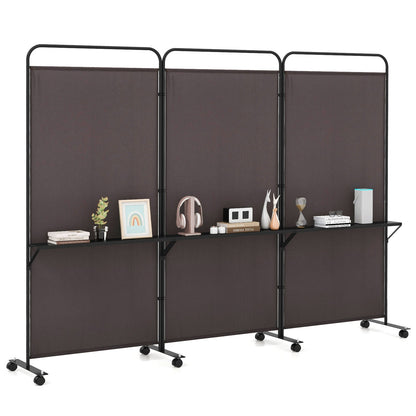 Separador de ambientes plegable de 3 paneles con 3 estantes de metal y ruedas con bloqueo - Marrón