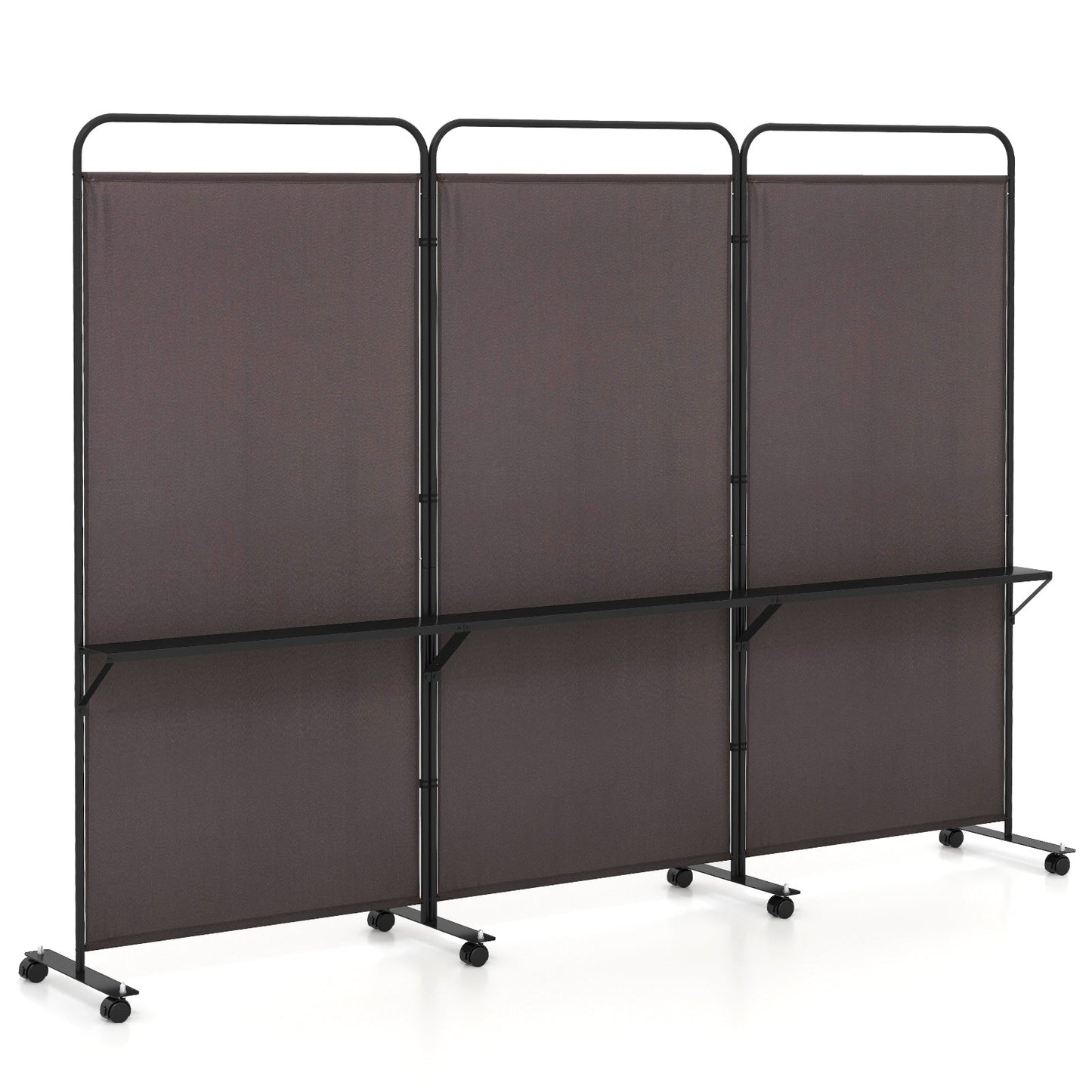 Separador de ambientes plegable de 3 paneles con 3 estantes de metal y ruedas con bloqueo - Marrón