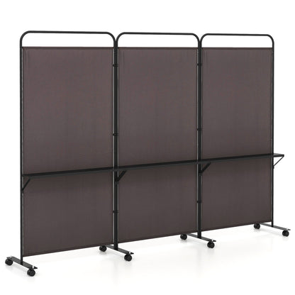 Separador de ambientes plegable de 3 paneles con 3 estantes de metal y ruedas con bloqueo - Marrón