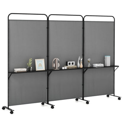 Separador de ambientes plegable de 3 paneles con 3 estantes de metal y ruedas con bloqueo - Marrón