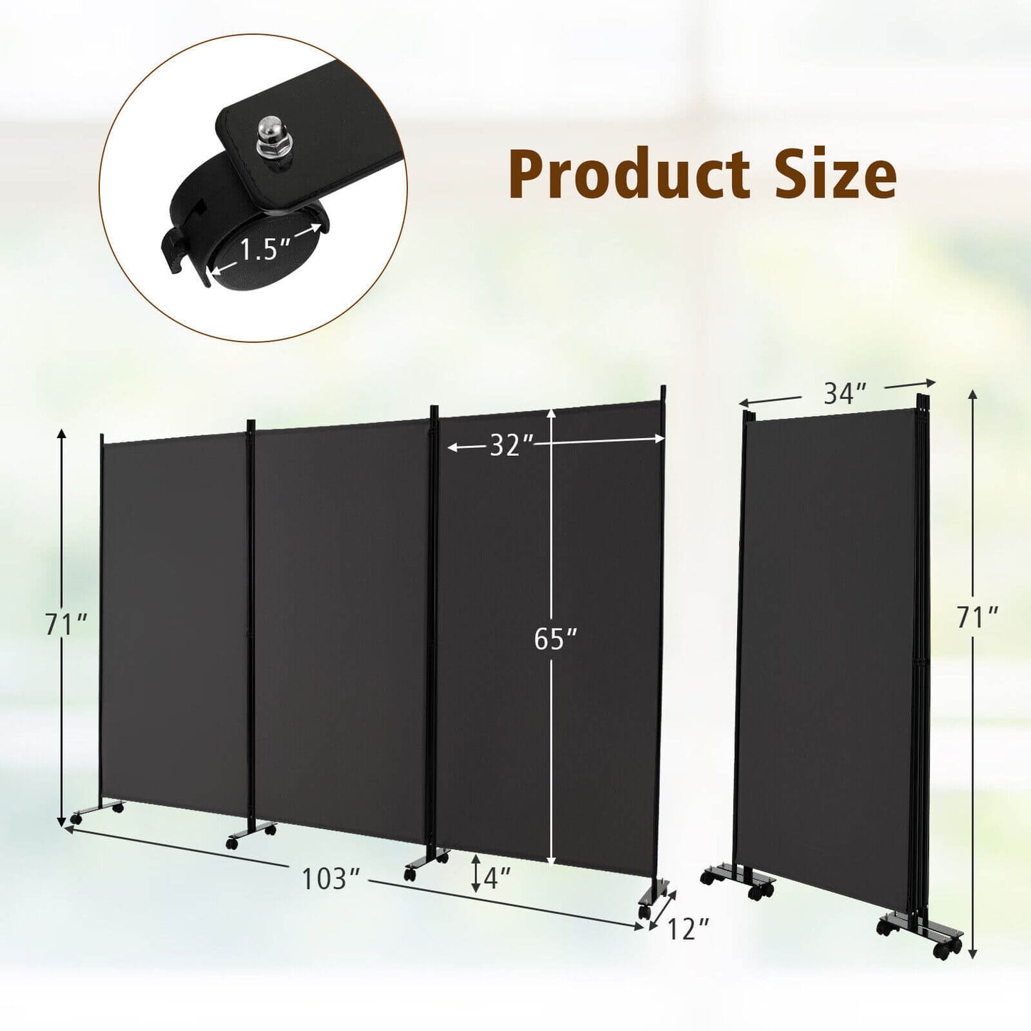 Divisor de ambientes plegable de 3 paneles con ruedas bloqueables - Gris