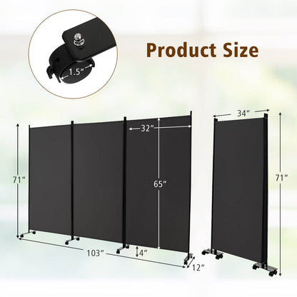 Divisor de ambientes plegable de 3 paneles con ruedas bloqueables - Gris